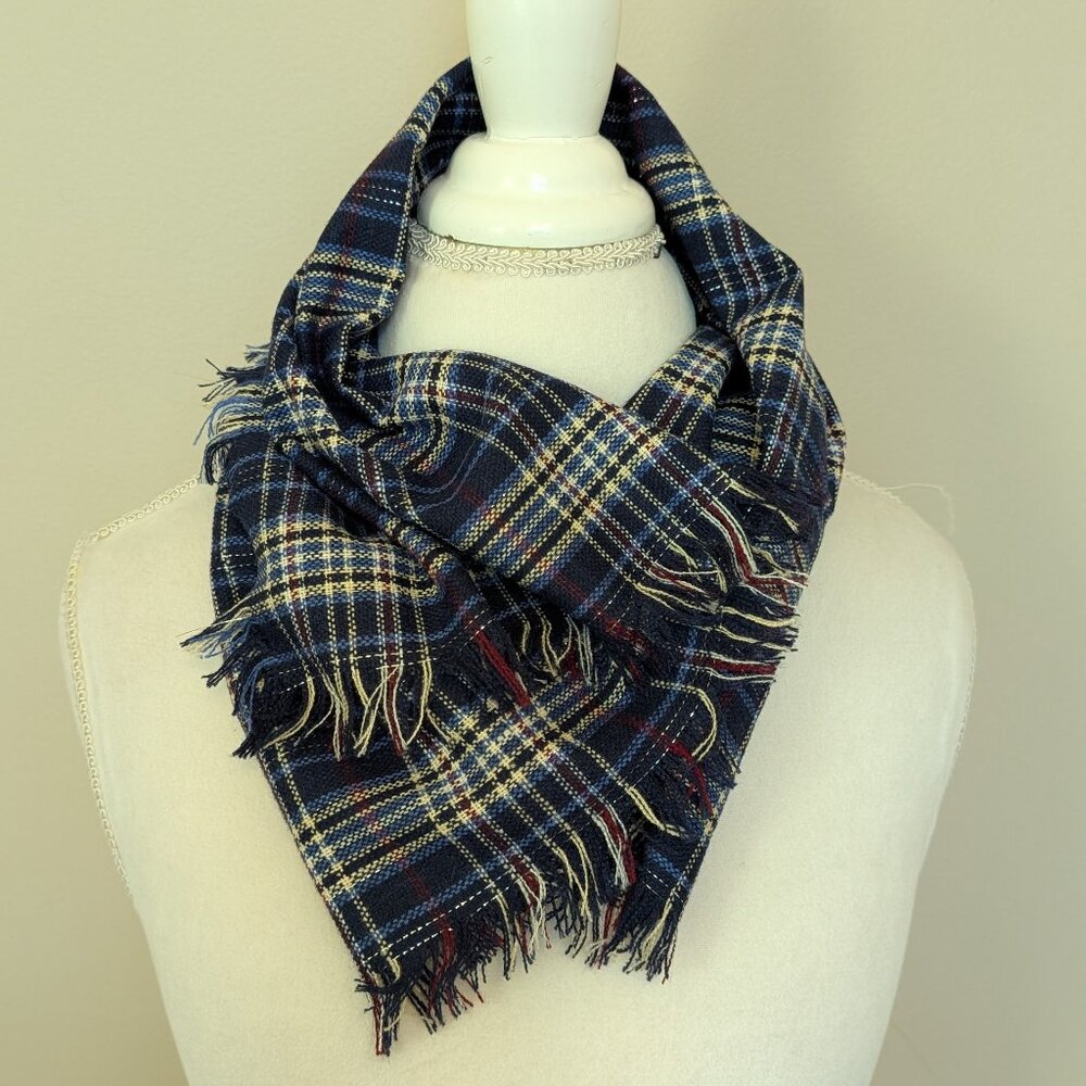 Fringed plaid small neck scarf EUC blue white yellow burgundy silver